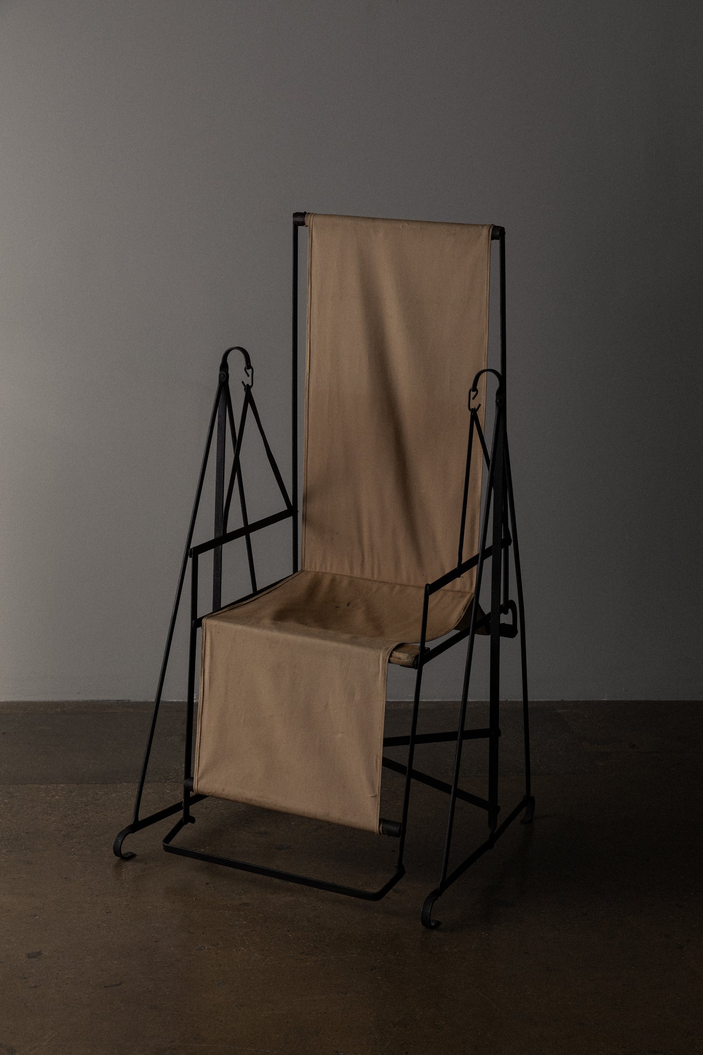 "2:30 Chair" by Ernest Trova in Tan Fabric and Black Frame