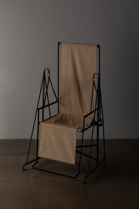 "2:30 Chair" by Ernest Trova in Tan Fabric and Black Frame